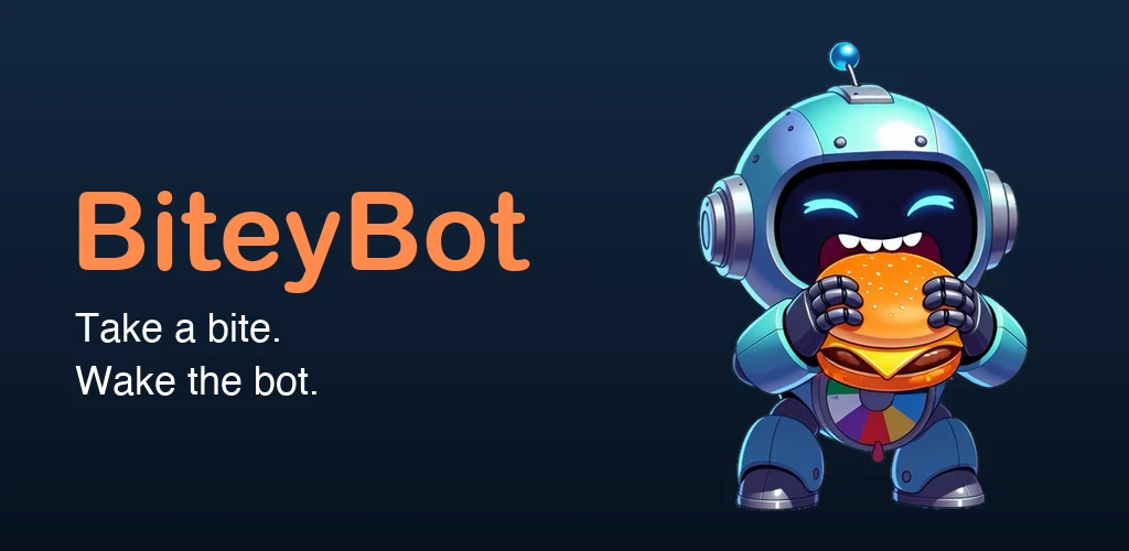 BiteyBot, a chrome-and-cyan robot taking a big bite of a hamburger