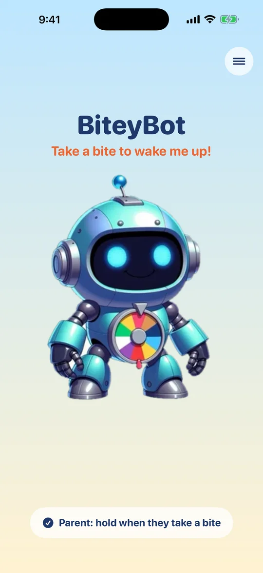 BiteyBot home screen: the bot waits, with the message Take a bite to wake me up