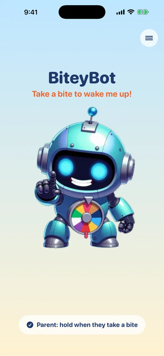 The bot wakes up on his own, points at the camera and encourages a bite