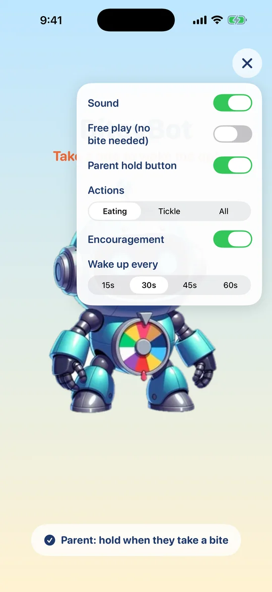 The settings menu: sound, free play, parent hold button, action mode, encouragement and wake-up time