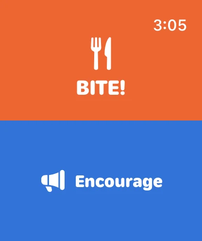The BiteyBot watch app: an orange BITE! button on top and a blue Encourage button below