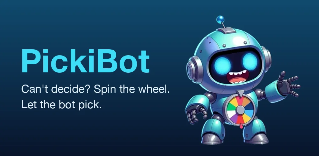 PickiBot, a chrome-and-cyan robot with a colourful spinner wheel on his chest, waving hello