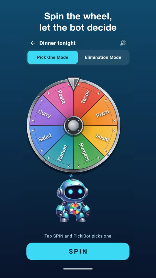 A Dinner tonight wheel with eight food options, ready to spin, with the robot below
