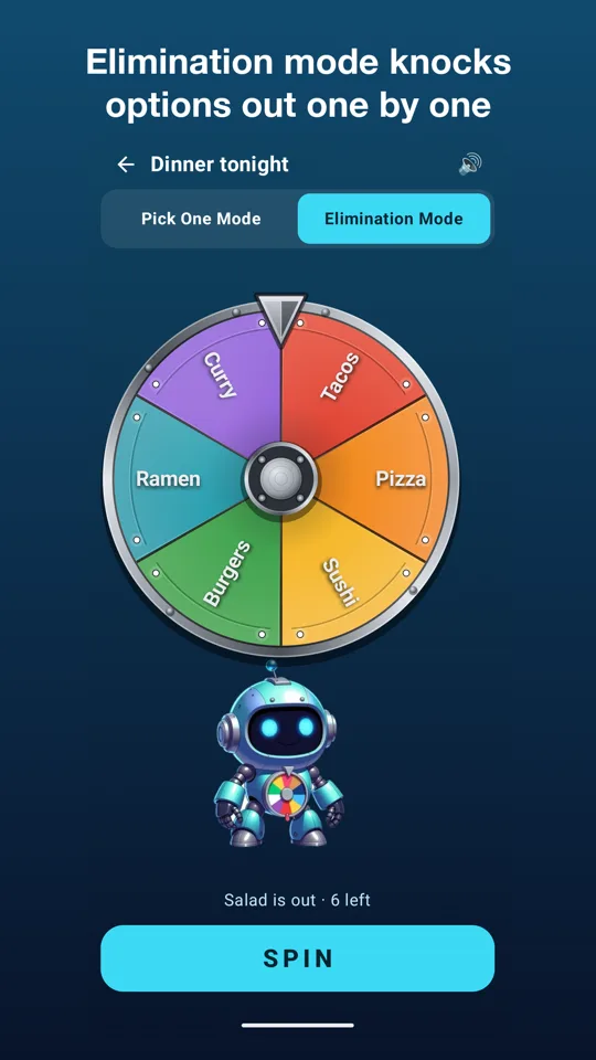 Elimination mode: the wheel with one option knocked out and six left